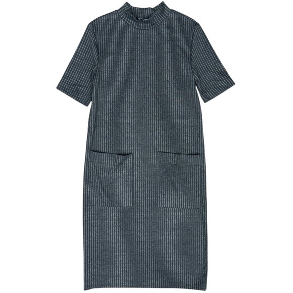EUC Women's ZARA Mock Neck Midi Shift Dress Charcoal/White Pinstripe | Size S - Picture 2 of 7